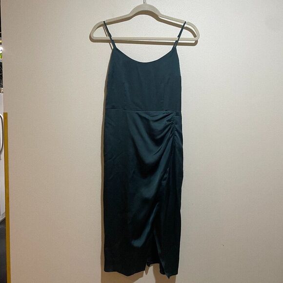 Abercrombie & Fitch Size S Small Dark Green Satin Ruched Slip Dress Side Slit - Picture 2 of 11